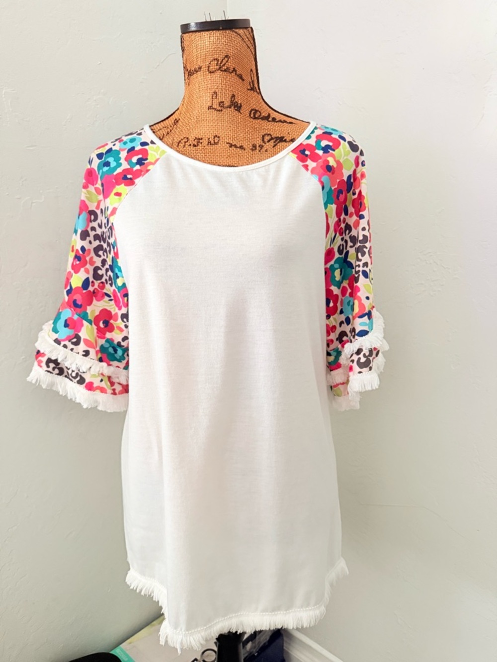 White Tunic with Colorful Floral Raglan Sleeves and Fringe